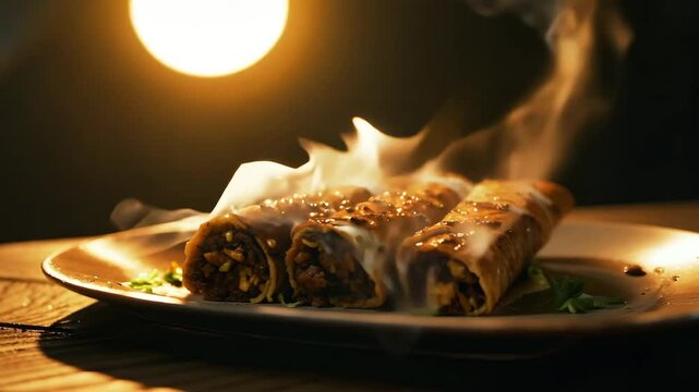 Hot smoking burritos releasing aromatic steam on plate