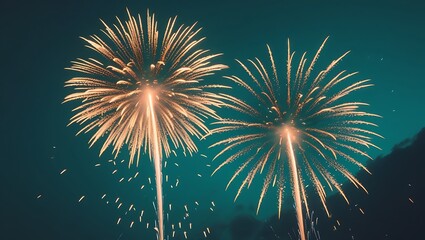 Golden fireworks burst against a teal night sky