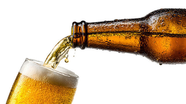 Golden Beer Pouring into a Pint Glass from a Brown Bottle
