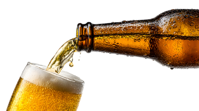 Golden Beer Pouring into a Pint Glass from a Brown Bottle
