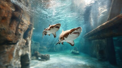 Two sharks in underwater aquarium