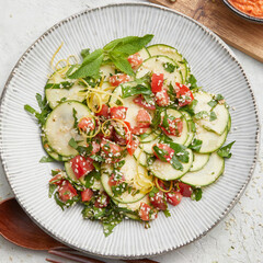 Sesame zucchini salad with muhammara