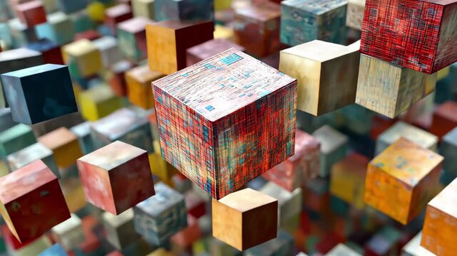 Digital representation of data storage cubes floating in mid air with vibrant colors and hex codes, Cubes with hex code in mid air Digital data storage visualization Seamless 3D render