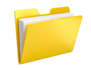 A yellow file folder partially open with several white sheets of paper inside, shown in a clean and simple style.