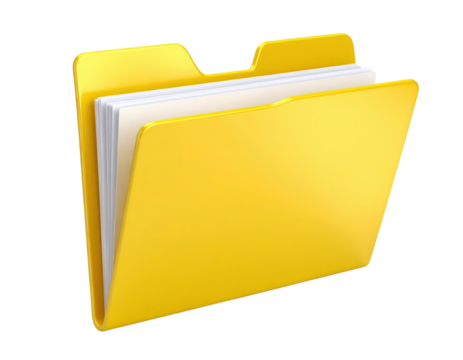 A yellow file folder partially open with several white sheets of paper inside, shown in a clean and simple style.