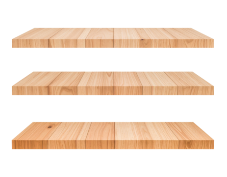 Three wooden shelves with natural grain pattern, arranged horizontally and evenly spaced.