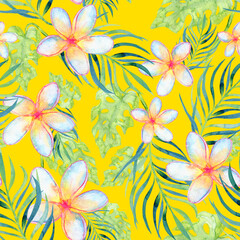 Summer tropical floral seamless pattern on yellow background
