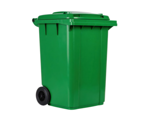 A green wheeled outdoor trash bin with a hinged lid designed for waste collection and disposal.