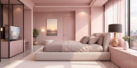 Tech-integrated bedroom in dusty rose, featuring voice-activated furniture that automatically adjusts to personal preferences, such as beds that elevate