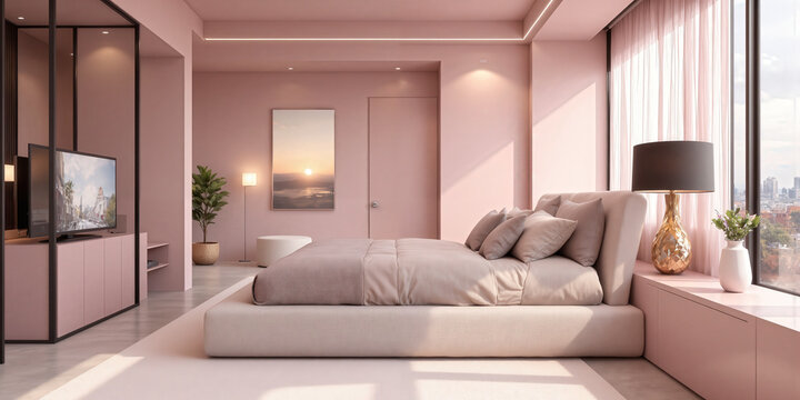 Tech-integrated bedroom in dusty rose, featuring voice-activated furniture that automatically adjusts to personal preferences, such as beds that elevate