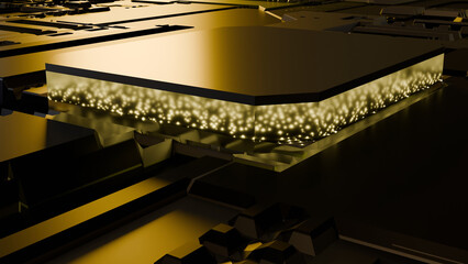 Electron bubble in a quantum CPU on a mainboard (3D Rendering)