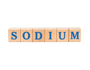 Wooden blocks spell out the word "SODIUM" in blue capital letters, arranged in a straight line.