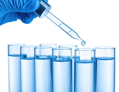 A gloved hand uses a dropper to add liquid into one of several clear test tubes filled with blue liquid against a black background. - Powered by Adobe