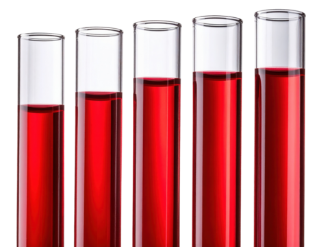 Five glass test tubes filled with varying levels of red liquid, arranged side by side.