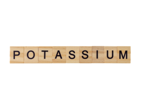 Wooden letter tiles arranged to spell "POTASSIUM" in uppercase black font. - Powered by Adobe