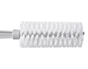 A white cylindrical brush with dense bristles, designed for cleaning bottles or narrow containers.
