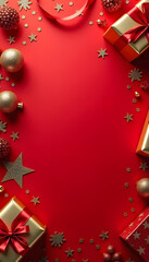 Christmas decorations on red background, holiday greetings mockup	