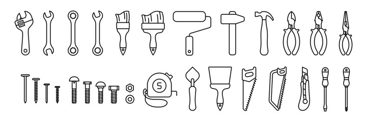 Construction tools vector icon set. Adjustable wrench, brush, roller, hammer and nails. Screw, nut and bolt. Tape measure, screwdriver, putty knife, saw, pliers and wire cutters