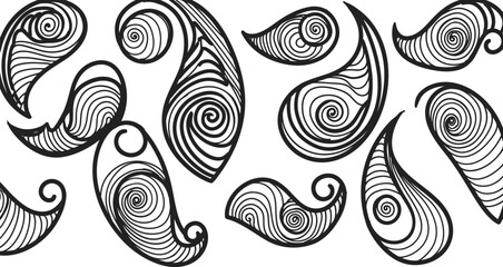 Seamless black and white floral pattern with swirling vintage textile design