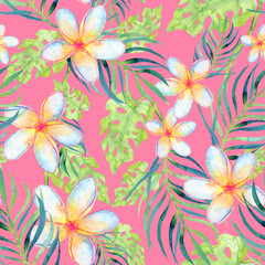 Floral watercolor tropical plumeria seamless vintage print on pink background