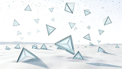 Floating translucent triangle shards scattered sparsely across clean white field, oriented at various angles, abstract lightweight design perfect for dynamic data and AI system themes
