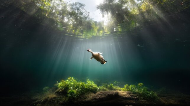 Underwater duck, sunbeams, tranquil scene