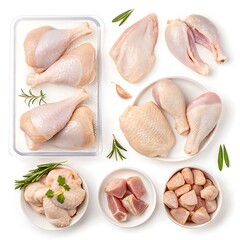 Assortment of raw chicken cuts isolated on white background