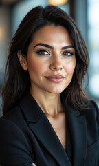 Naklejka premium Hispanic Female Trusted Authority Latina, 50s, credible-leadership attire, respected expertise with humility, confident-approachable expression, transparent.