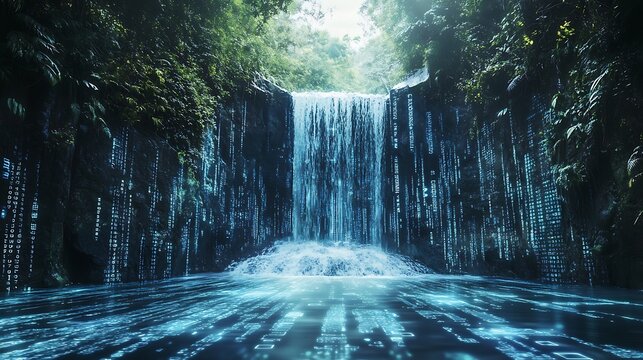 Digital waterfall in lush jungle gorge