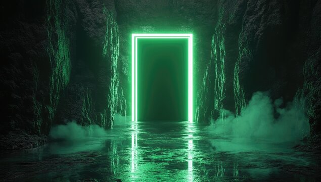 Dark cave, glowing green portal