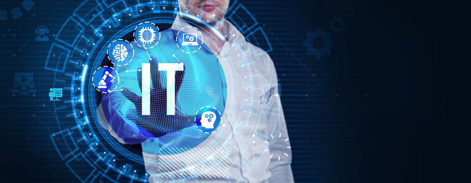 IT consultant presenting tag cloud about information technology.