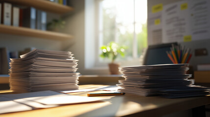 Stacks of documents on teacher’s desk in sunny classroom