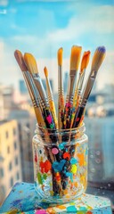 Paintbrushes in a glass jar, cityscape view (1)
