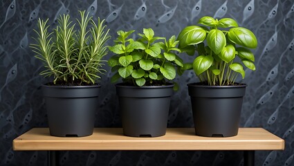 Obraz premium Fresh Herbs in Pots Rosemary, Oregano, and Basil