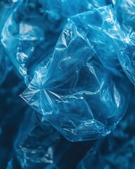 Close-up of crumpled, translucent blue plastic bags
