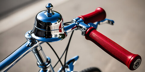 Obraz premium Close-Up of Bicycle Handlebar with Silver Bell and Red Grips Against Pavement