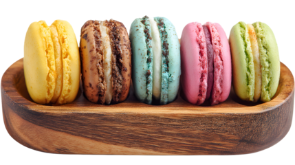 Colorful Macarons in Wooden Serving Tray