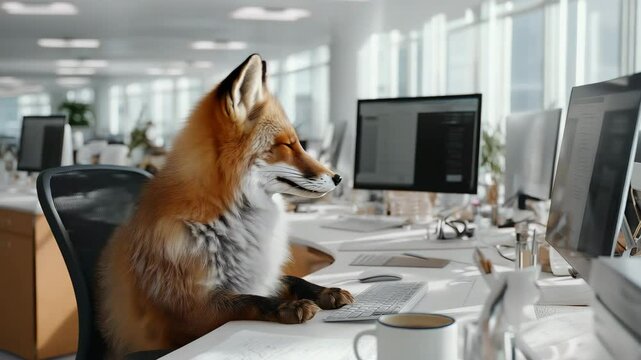 Fuchs mit Headset am Schreibtisch im Callcenter. K&uuml;nstliche Intelligenz KI