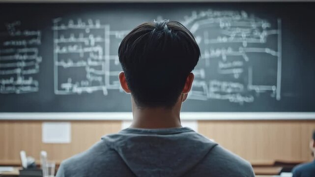 Student Focusing on Blackboard in Classroom Scene