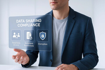 Data sharing compliance, third party access, document restrictions, and encryption are highlighted in modern office, with professional man interacting with digital interface