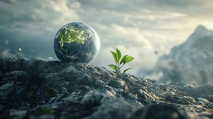 Earth on rocky outcrop with sapling