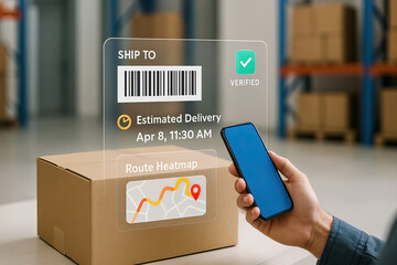 Shipping, barcode, delivery, and smartphone technology are featured in this modern warehouse scene, showing person tracking package with digital interface and route map