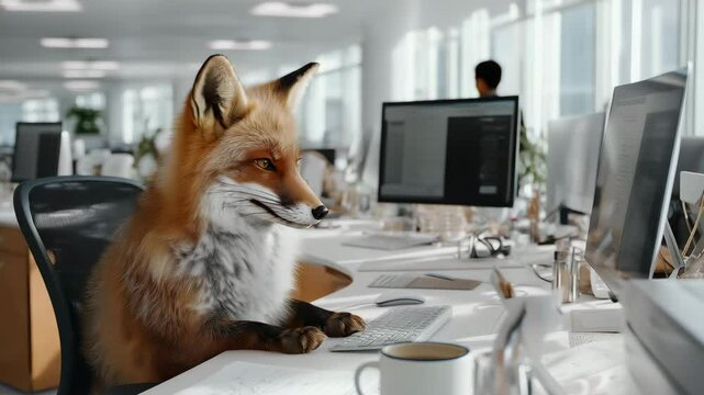 Fuchs mit Headset am Schreibtisch im Callcenter. K&uuml;nstliche Intelligenz KI