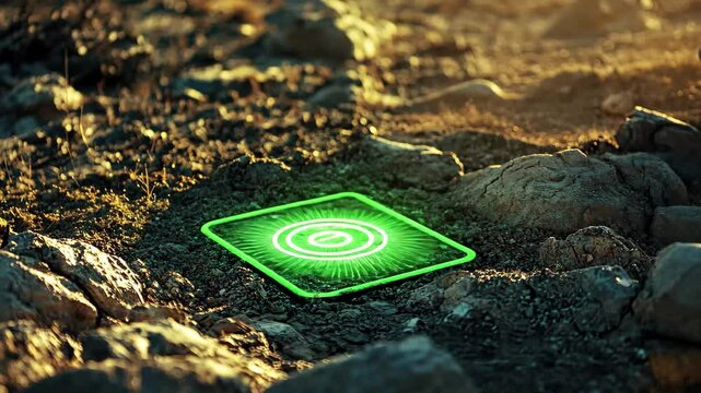 Green glowing sign uncovered from soil reveals mysterious area at dusk, Area 51 Sign Revealed Under Soil In Alien Green Glow