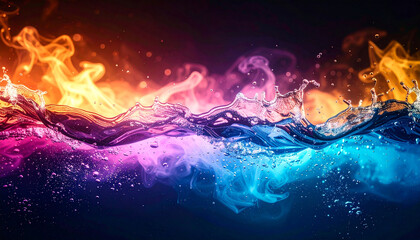 A detailed close-up front view of colorful spray and wave movements against a dark background.