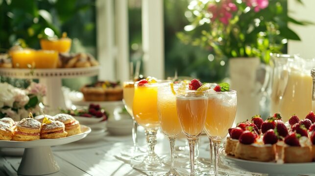 brunch table with assorted mocktails and fresh pastries, casual elegance