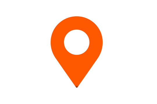 Orange map pointer marking specific geographical location, pinpointing exact spot against transparent backdrop