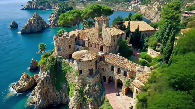 Rugged cliffs and ancient castle near Tossa de Mar along the Costa Brava coastline, Rugged High Sea Cliffs Near Tossa de Mar Town In Costa Brava, Catalonia Spain Aerial Drone Shot