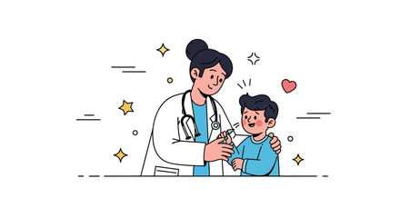 Vector Character of Pediatrician gently treating a child – Medical Hero Nurse Doctor Vaccination Illustration, 
Flat Style Medical Worker Administering Vaccine Scene