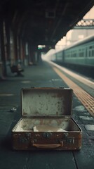 Empty vintage suitcase on train platform